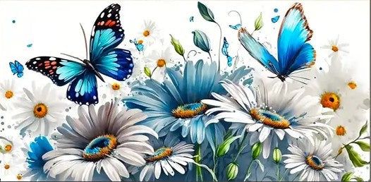 Blue and white butterflies and flowers 30x60cm
