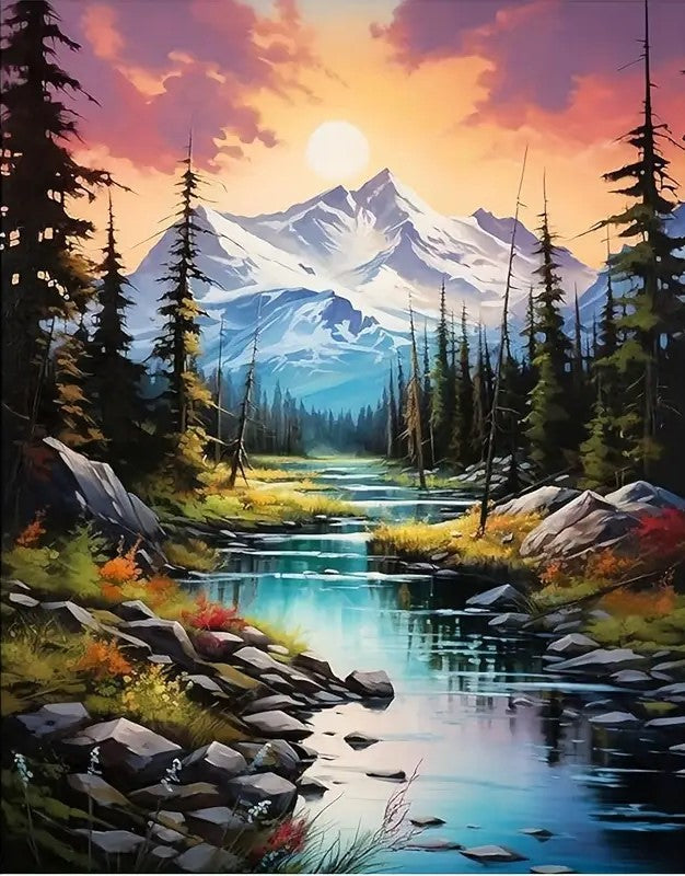 Snowy mountains and river