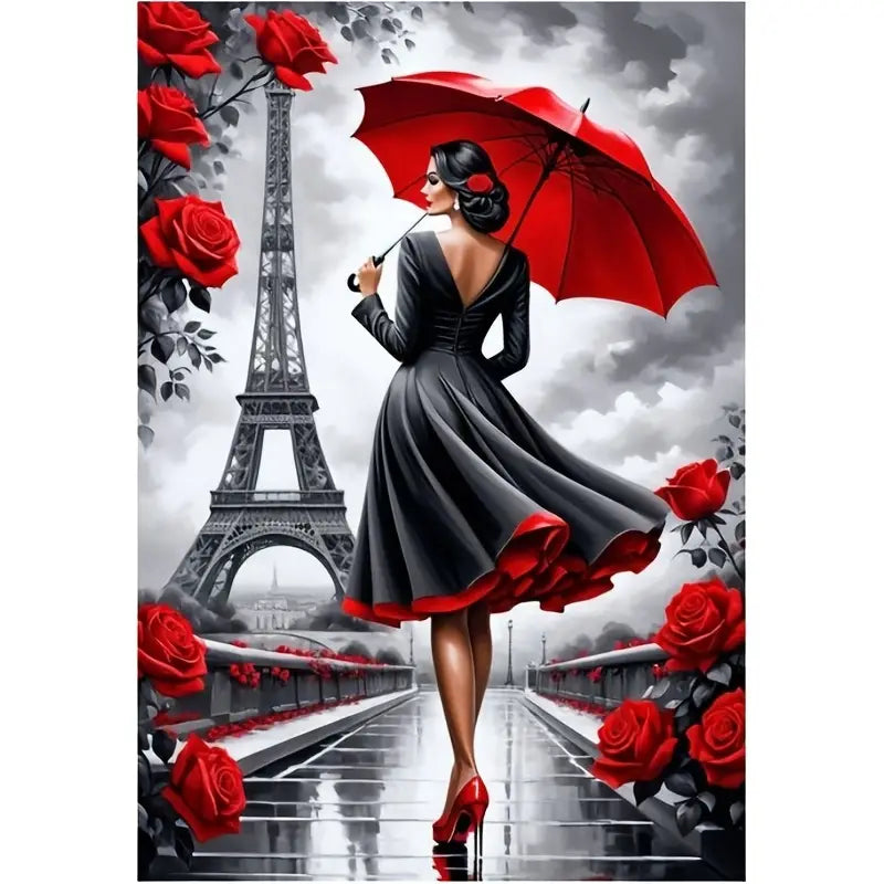 Lady in Paris with red umbrella