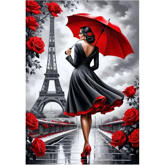 Lady in Paris with red umbrella