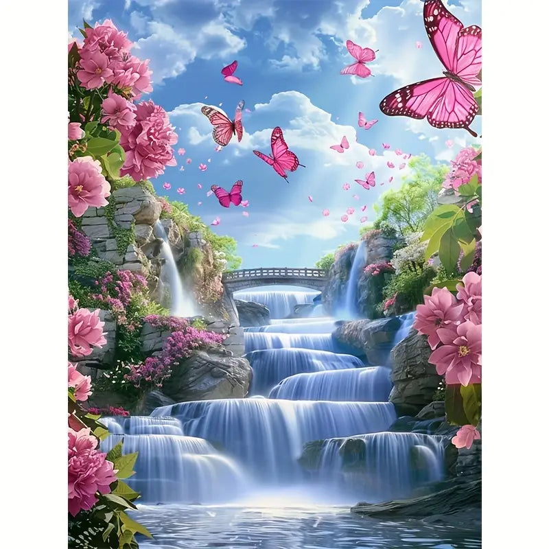 Waterfall with pink butterflies